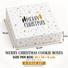 6PCS Merry Christmas Cookie Boxes – 14 × 14 × 5 cm White & Gold Bakery Gift Boxes for Cookies, Cupcakes, Candy and Desserts