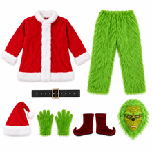 Christmas Green Furry Monster Santa Costume for Men 6pcs Deluxe Adult Santa Suit Xmas Holiday Outfit Set