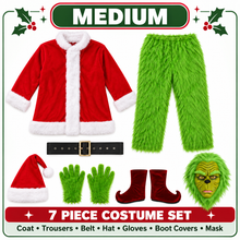 Christmas Green Furry Monster Santa Costume for Men 6pcs Deluxe Adult Santa Suit Xmas Holiday Outfit Set