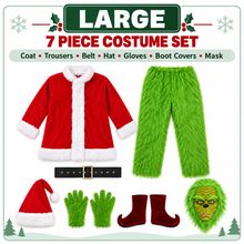 Christmas Green Furry Monster Santa Costume for Men 6pcs Deluxe Adult Santa Suit Xmas Holiday Outfit Set