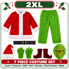 Christmas Green Furry Monster Santa Costume for Men 6pcs Deluxe Adult Santa Suit Xmas Holiday Outfit Set