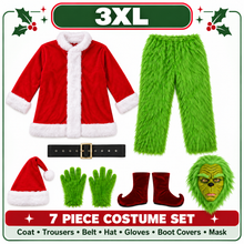 Christmas Green Furry Monster Santa Costume for Men 6pcs Deluxe Adult Santa Suit Xmas Holiday Outfit Set