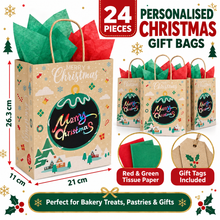 24pcs Christmas Treat Bags with Handles – Includes Tissue Paper & Scratch Name Labels Holiday Treat Packaging Set with Tissue Paper for Festive Gifting