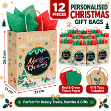 12pcs Christmas Treat Bags with Handles – Includes Tissue Paper & Scratch Name Labels Holiday Treat Packaging Set with Tissue Paper for Festive Gifting