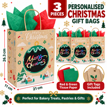 3PCS Personalised Christmas Treat Bags with Handles, Tissue Paper & Scratch Name Labels – Festive Bakery, Pastry and Gift Packaging