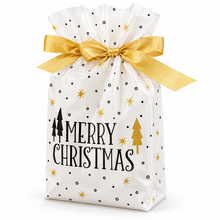 25PCS Christmas Drawstring Gift Bags – 23.5 × 15.2 × 6cm Plastic Cookie, Candy & Treat Bags with Gold Ribbon