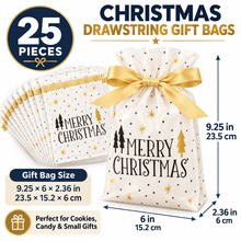 25PCS Christmas Drawstring Gift Bags – 23.5 × 15.2 × 6cm Plastic Cookie, Candy & Treat Bags with Gold Ribbon
