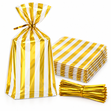 30PCS Gold Striped Favour Bags with Twist Ties – 15 × 25 × 6cm Clear Treat Bags for Weddings, Parties, Cookies & Candy