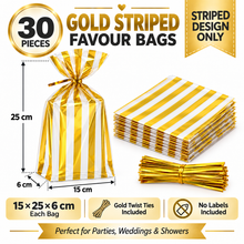 30PCS Gold Striped Favour Bags with Twist Ties – 15 × 25 × 6cm Clear Treat Bags for Weddings, Parties, Cookies & Candy