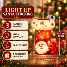 1PC Christmas Santa Stocking LED Hanging Ornament – Battery Powered Santa Claus Stocking Decoration with Snowflake Design for Christmas Tree & Home Décor