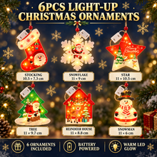 6PCS Light-Up Christmas Hanging Ornaments – LED Snowflake, Tree, Santa, Snowman, Star & Stocking Decorations