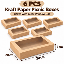 6PCS Large Kraft Picnic Boxes with Clear Window Lids – 30 × 20 × 7 cm Disposable Grazing, Bakery & Food Gift Boxes