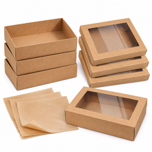 (3 boxes, 3 clear-window lids and 3 oil-proof liners) box3-Pack Large Kraft Picnic & Grazing Boxes with Clear Window Lids and Oil-Proof Liners – 30 × 20 × 7 cm