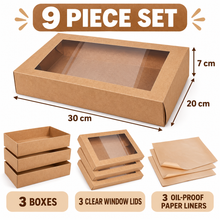 (3 boxes, 3 clear-window lids and 3 oil-proof liners) box3-Pack Large Kraft Picnic & Grazing Boxes with Clear Window Lids and Oil-Proof Liners – 30 × 20 × 7 cm