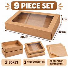 (3 boxes, 3 clear-window lids and 3 oil-proof liners) box3-Pack Large Kraft Picnic & Grazing Boxes with Clear Window Lids and Oil-Proof Liners – 30 × 20 × 7 cm