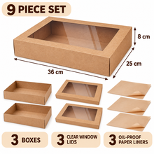 9pcs (3pcs Boxes+3pcs Lids+3pcs)3-Pack Extra-Large Kraft Picnic & Grazing Boxes with Clear Window Lids and Oil-Proof Liners – 36 × 25 × 8 cm
