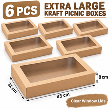 6PCS Extra-Large Kraft Grazing & Picnic Boxes with Clear Window Lids – 45 × 31 × 8 cm Catering Food Boxes