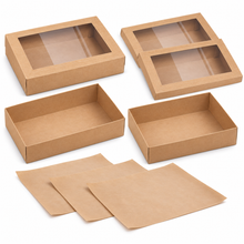 9pcs (3pcs Boxes+3pcs Lids+3pcs 3-Pack) Extra-Large Kraft Grazing & Picnic Boxes with Clear Window Lids and Oil-Proof Liners – 45 × 31 × 8 cm