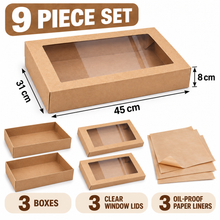9pcs (3pcs Boxes+3pcs Lids+3pcs 3-Pack) Extra-Large Kraft Grazing & Picnic Boxes with Clear Window Lids and Oil-Proof Liners – 45 × 31 × 8 cm