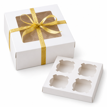 10PCS 4-Hole Cupcake Gift Boxes with Clear Window, Inserts & Gold Ribbons – Christmas Bakery Treat Packaging