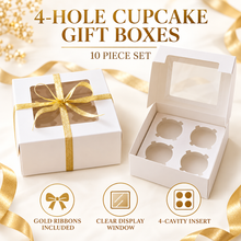 10PCS 4-Hole Cupcake Gift Boxes with Clear Window, Inserts & Gold Ribbons – Christmas Bakery Treat Packaging