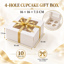 10PCS 4-Hole Cupcake Gift Boxes with Clear Window, Inserts & Gold Ribbons – Christmas Bakery Treat Packaging