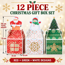 12PCS Christmas Cookie Gift Boxes with Handles – Red, Green & White Santa, Snowman and Tree Bakery Treat Boxes