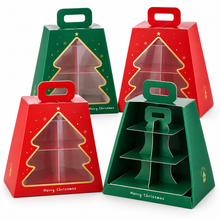 4-Pack Christmas Cupcake Tower Gift Boxes – Red & Green 3-Tier High Tea Carriers with Tree Window & Handle, 27 × 27 × 43 cm