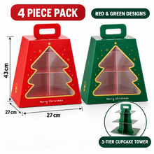 4-Pack Christmas Cupcake Tower Gift Boxes – Red & Green 3-Tier High Tea Carriers with Tree Window & Handle, 27 × 27 × 43 cm
