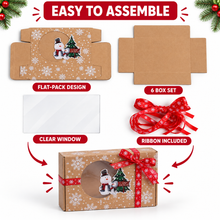 12pcs Kraft Christmas Gift Boxes with Clear Window, Paper Containers with Ribbons, Festive Snowflake Design For Holiday Packaging