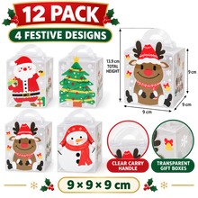 12-Pack Christmas Transparent Gift Boxes with carry handle – Clear Gift Boxes with Festive Holiday Design