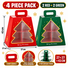 4-Pack Christmas Cupcake Tower Gift Boxes – Red & Green 3-Tier High Tea Carriers with Tree Window & Handle, 27 × 27 × 43 cm
