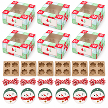 Christmas Green Cupcake Gift Boxes – Holds 4 Cupcakes, Includes Inserts, Gift Tags & Ribbon, Holiday Bakery Packaging