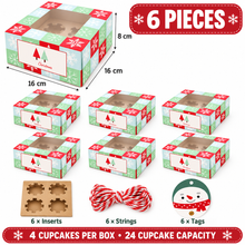 Christmas Green Cupcake Gift Boxes – Holds 4 Cupcakes, Includes Inserts, Gift Tags & Ribbon, Holiday Bakery Packaging