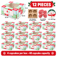 Christmas Green Cupcake Gift Boxes – Holds 4 Cupcakes, Includes Inserts, Gift Tags & Ribbon, Holiday Bakery Packaging