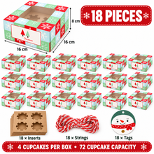 Christmas Green Cupcake Gift Boxes – Holds 4 Cupcakes, Includes Inserts, Gift Tags & Ribbon, Holiday Bakery Packaging