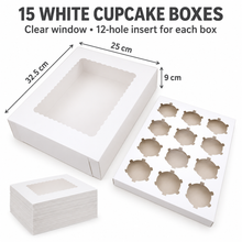White Paper Cupcake Boxes: with Transparent Windows, 15pcs, with Cupcake Holders Featuring 12 Holes – Ideal for Birthdays, Parties, Weddings, Holidays, Home Use, and Bakery Supplies
