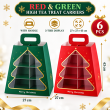 6-Pack Christmas Tree Cupcake Tower Gift Boxes – Red & Green High Tea Treat Carriers with Handle, 27 × 27 × 43 cm