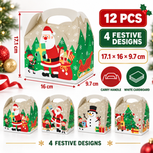 ⭐ 12PCS Mixed Color Christmas Gift Boxes with Carry Handle – 17.1×16×9.7cm White Cardboard Holiday Party Gift Bags, 4 Designs Christmas Eve Packaging ⭐