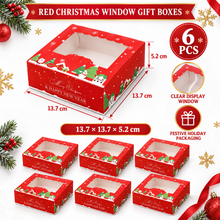 6PCS Red Christmas Window Gift Boxes 13.7 x 13.7 x 5.2cm – Festive Boxes with Clear Window for Holiday Gift Packaging
