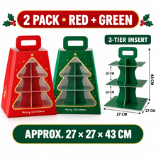 2 Pack Christmas Cupcake Tower Gift Boxes – Red & Green 3-Tier Dessert Stands with Tree Window & Carry Handle
