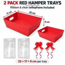 2 Pack Red Hamper Gift Boxes with Ribbon & Clear Cellophane – 25 × 17 × 9 cm Gift Basket Trays