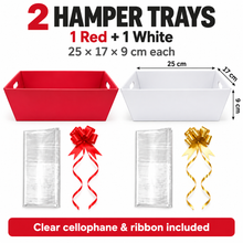 2 Pack Red & White Hamper Gift Trays with Ribbon & Clear Cellophane – 25 × 17 × 9 cm