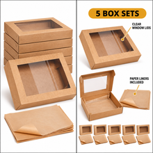 5 Pack Kraft Picnic & Grazing Boxes with Clear Window Lids and Paper Liners – 30 × 20 × 7 cm