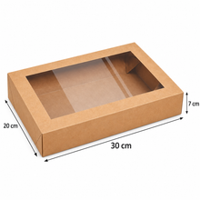 5 Pack Kraft Picnic & Grazing Boxes with Clear Window Lids and Paper Liners – 30 × 20 × 7 cm