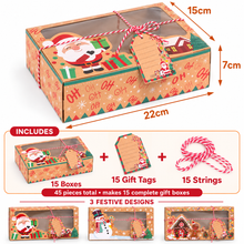 45pcs Christmas Gift Box Set: 15 Boxes + 15 Cards + 15 Strings, 22*15*7cm. Includes 15 Santa Claus and Snowman-themed Kraft Paper Boxes, Suitable as Candy Boxes/cake Boxes. These Hand-folded DIY Christmas Gift Boxes Come with Free Christmas Tags