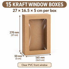 15pcs Kraft Paper Gift Boxes with PVC Window Bakery Packaging Carton   270x 165 x 50 mm