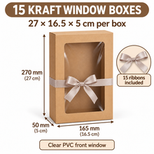 15pcs Kraft Paper Gift Boxes with PVC Window Bakery Packaging Carton   270x 165 x 50 mm