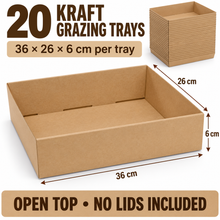 20-Pack Kraft Corrugated Grazing & Hamper Trays, Open Top No Lids – 36 × 26 × 6 cm