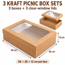 3 Sets Kraft Paper Picnic Boxes – Disposable Food & Bakery Takeaway Containers | Portable Lunch, Dessert, Cake & Picnic Packaging